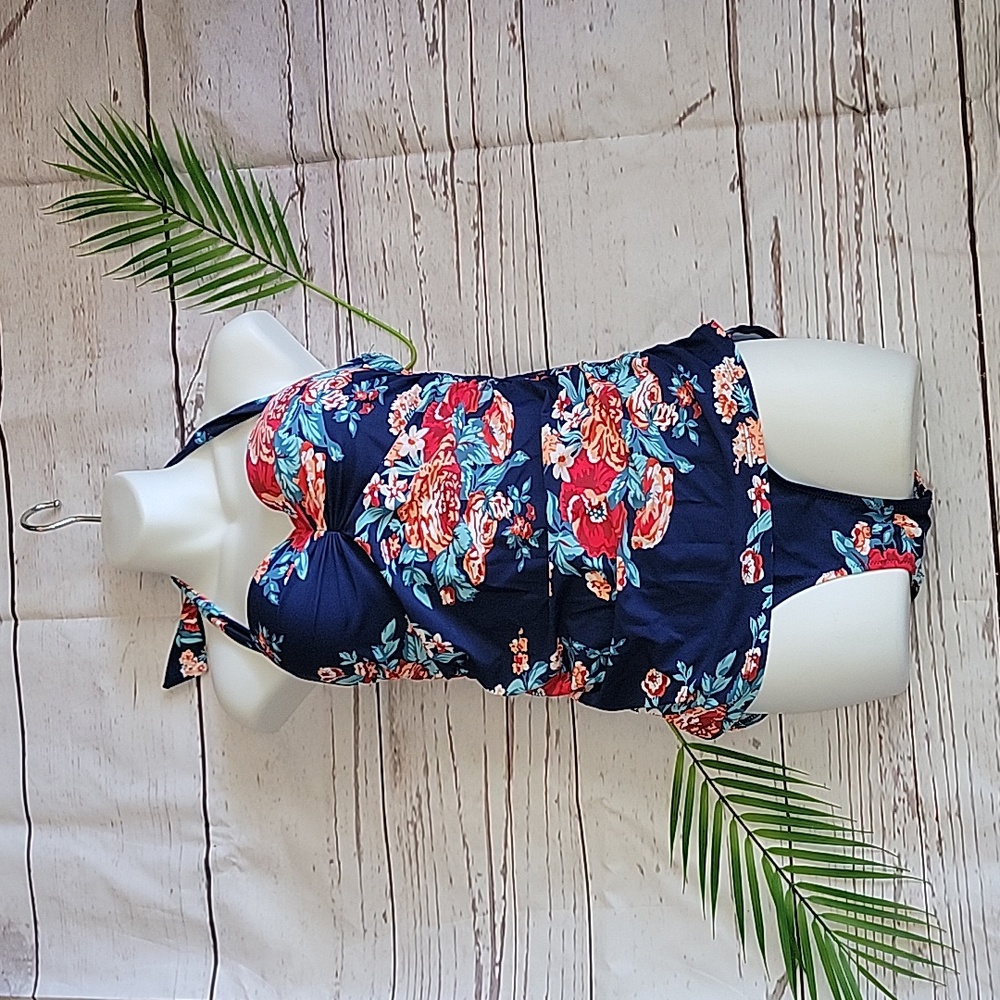 Floral Tankini Style One Piece Halter Tie Swimsuit